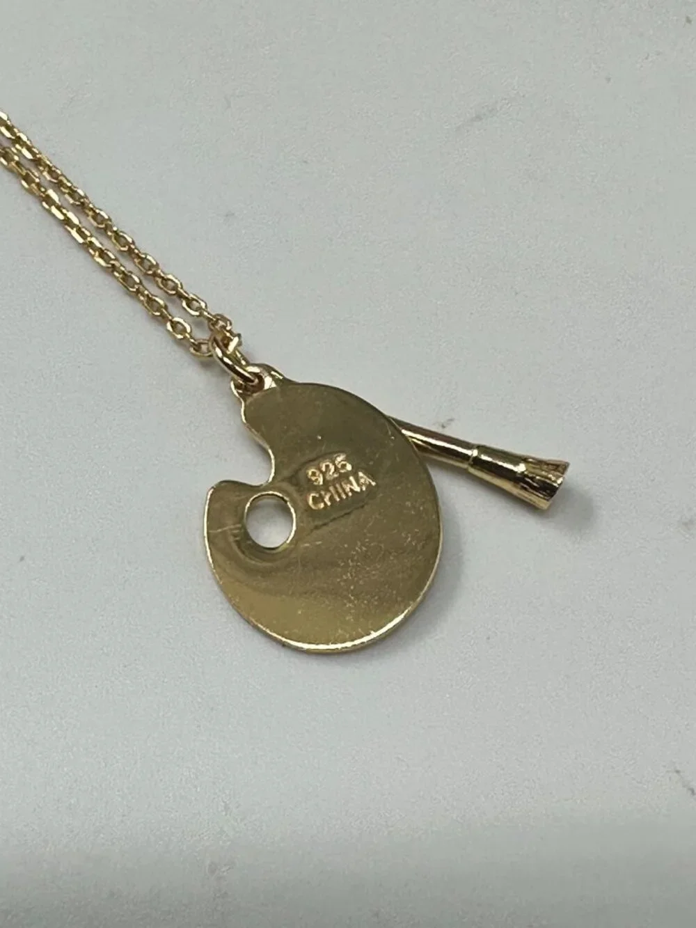 Sterling Silver Paint Palette Brush Pendant Necklace Gold Finish Chain Link